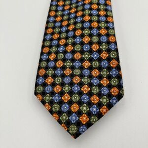 JZ Richards Mens Geometric Silk Necktie Black Orange Blue Green